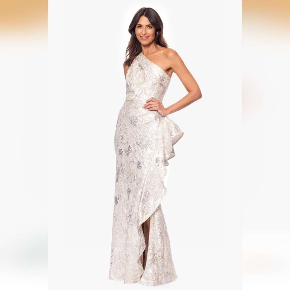 NWT Xscape Women's One Shoulder Jaquard Side Ruffle Slit Gown Champagne Size 10